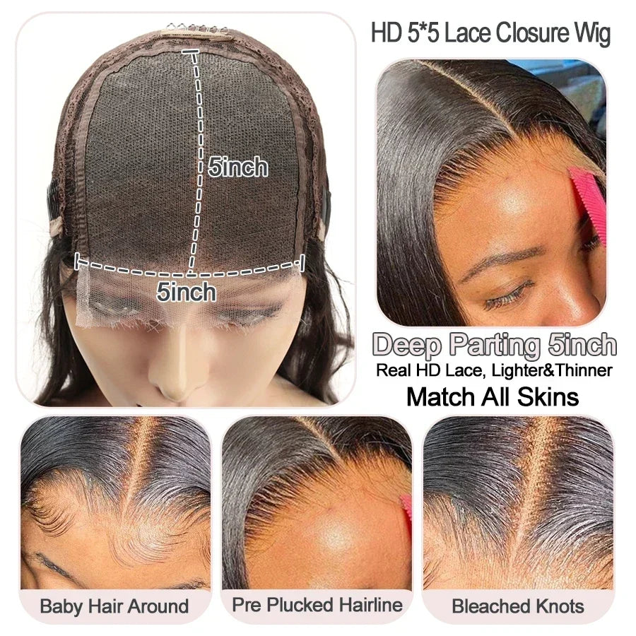 BEEOS 250% Invisible 13*6 HD Lace Full Frontal Human Hair Wigs Straight Pre Plucked 5*5 HD Lace Closure Wig For Women Brazilian
