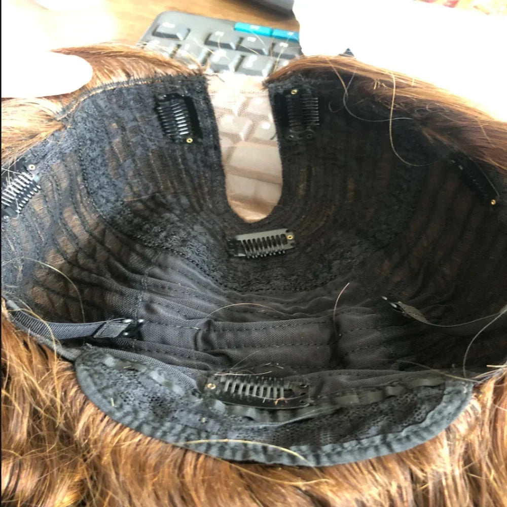 180Density Long Wavy U Part Wig Human Hair Glueless Brown Highlight Ash Blonde 2x4 Size V Part WIg 100%Remy Human Hair for Women