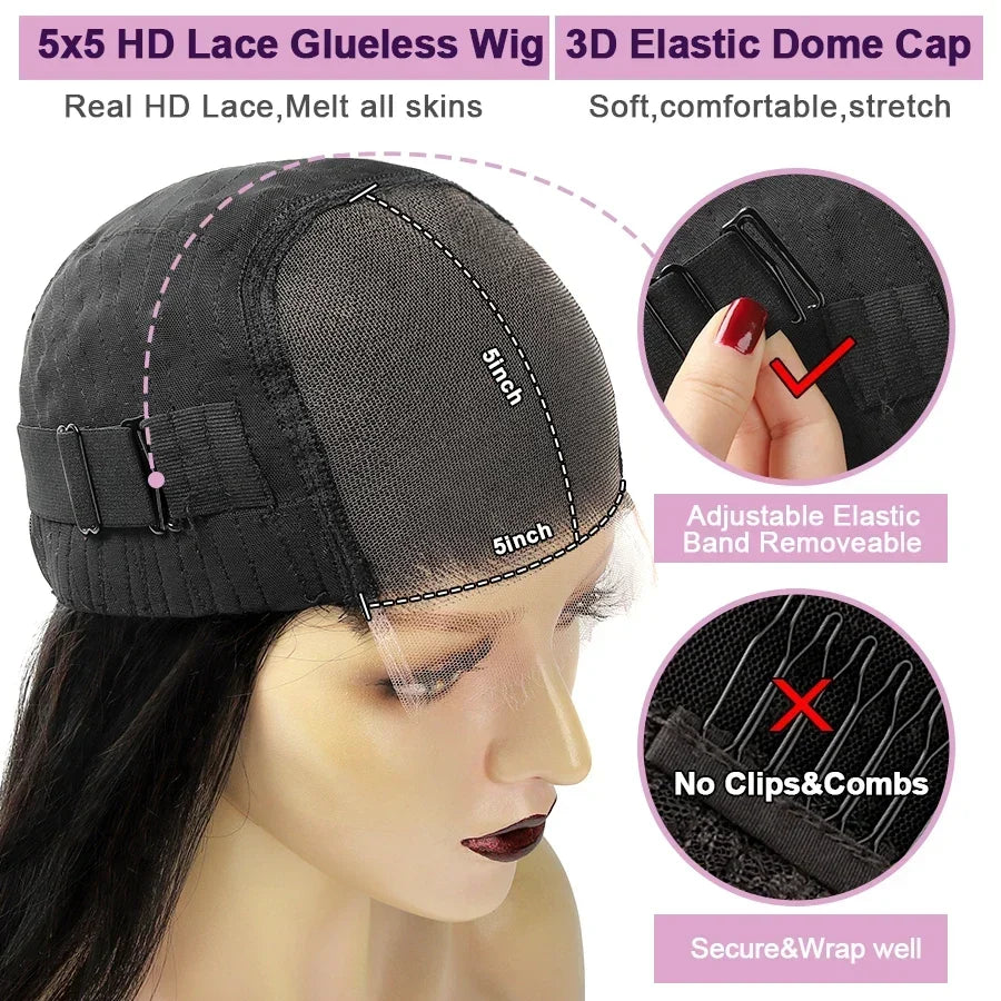Wow Angel Glueless Wigs 5x5 HD Lace Closure Wigs Silk Straight Melt Skins Deep Part Ready to Go Human Hair Wig Remy For Woman