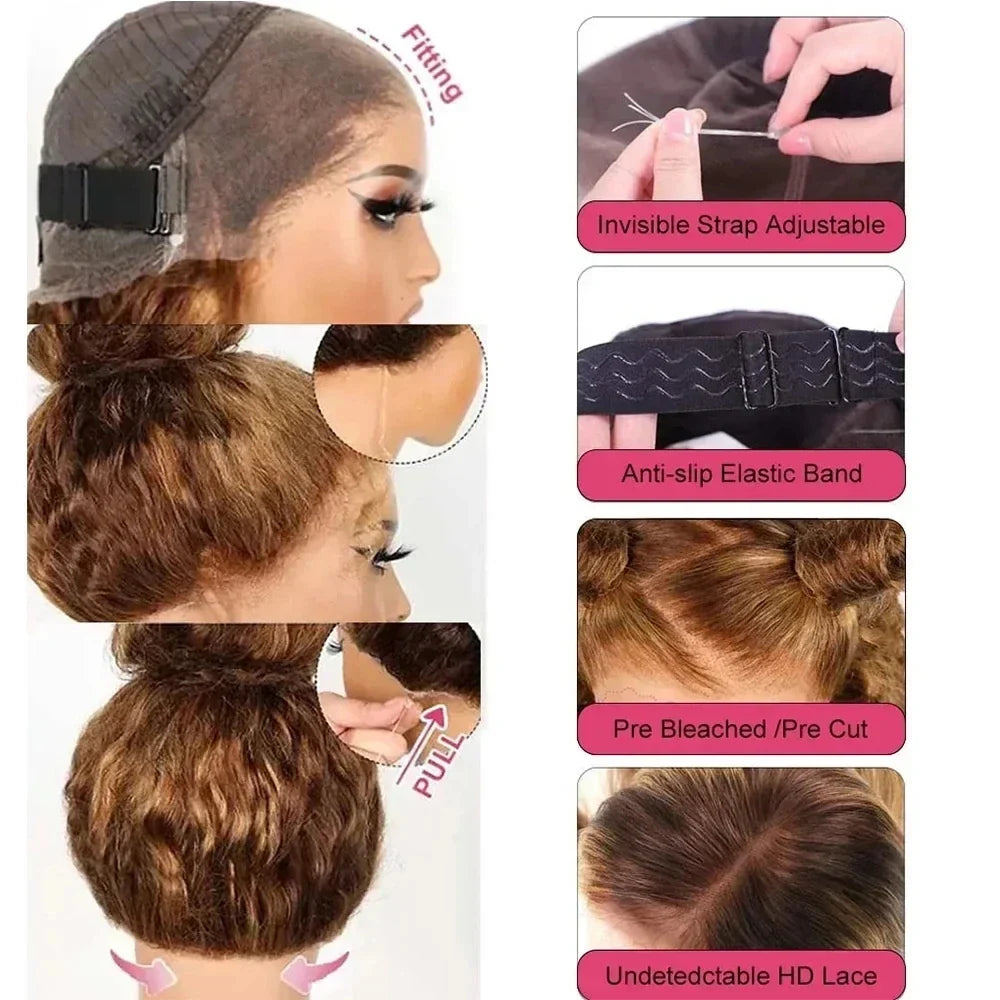 Highlight Invisible Strap HD 360 Full Lace Wig Drawstring Human Hair Wigs P4/27 360 Lace Front Wig Deep Curly Glueless Wig