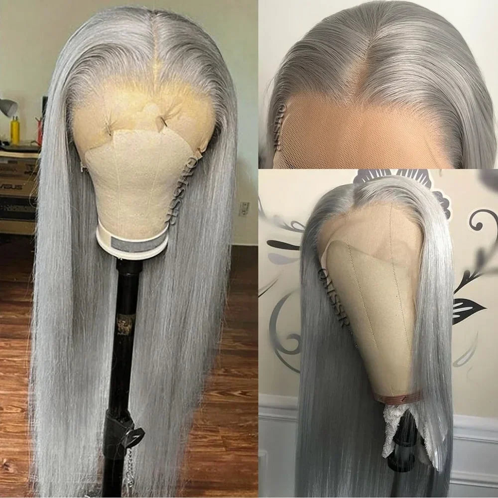 Silver Grey Straight Wigs Human Hair Vietnamese 220% Density 13x6 HD Lace Frontal Colored Wig 38 Pre Plucked With Baby Hairline